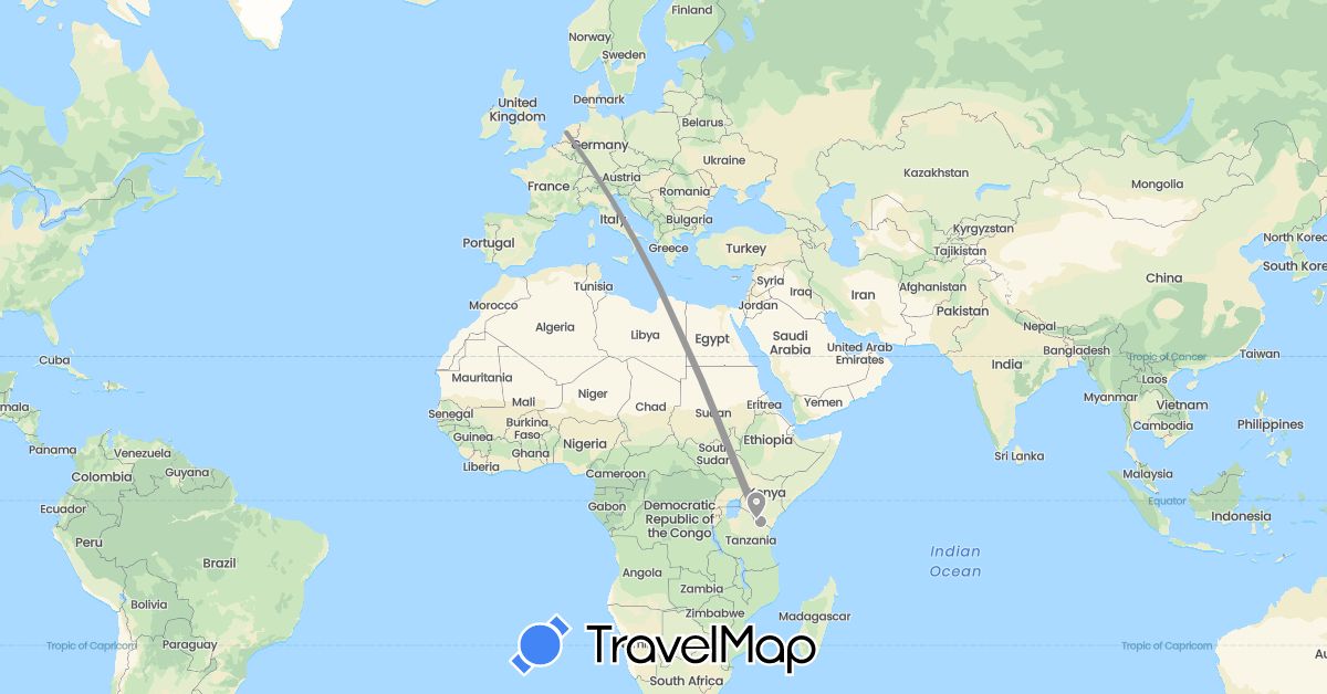 TravelMap itinerary: driving, plane in Netherlands, Tanzania (Africa, Europe)